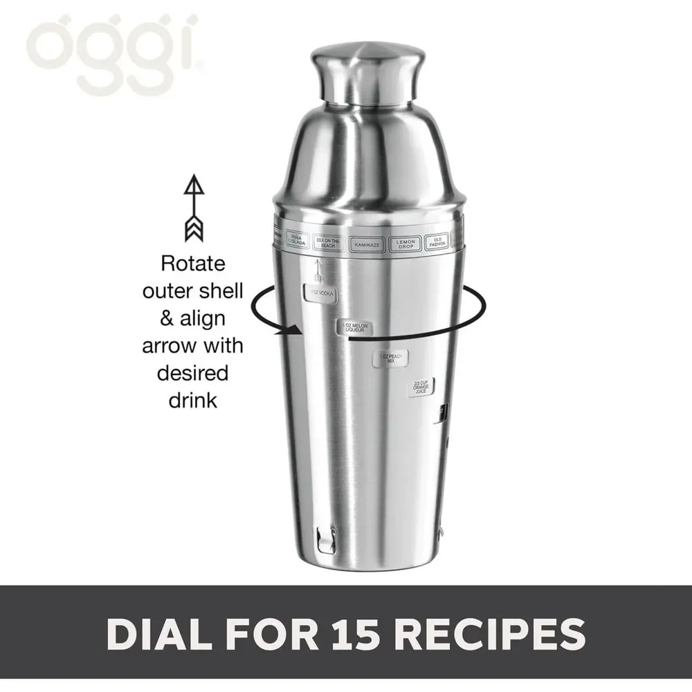 OGGI Dial A Drink Cocktail Shaker -Brushed Stainless Steel, w/ Strainer, 34 oz